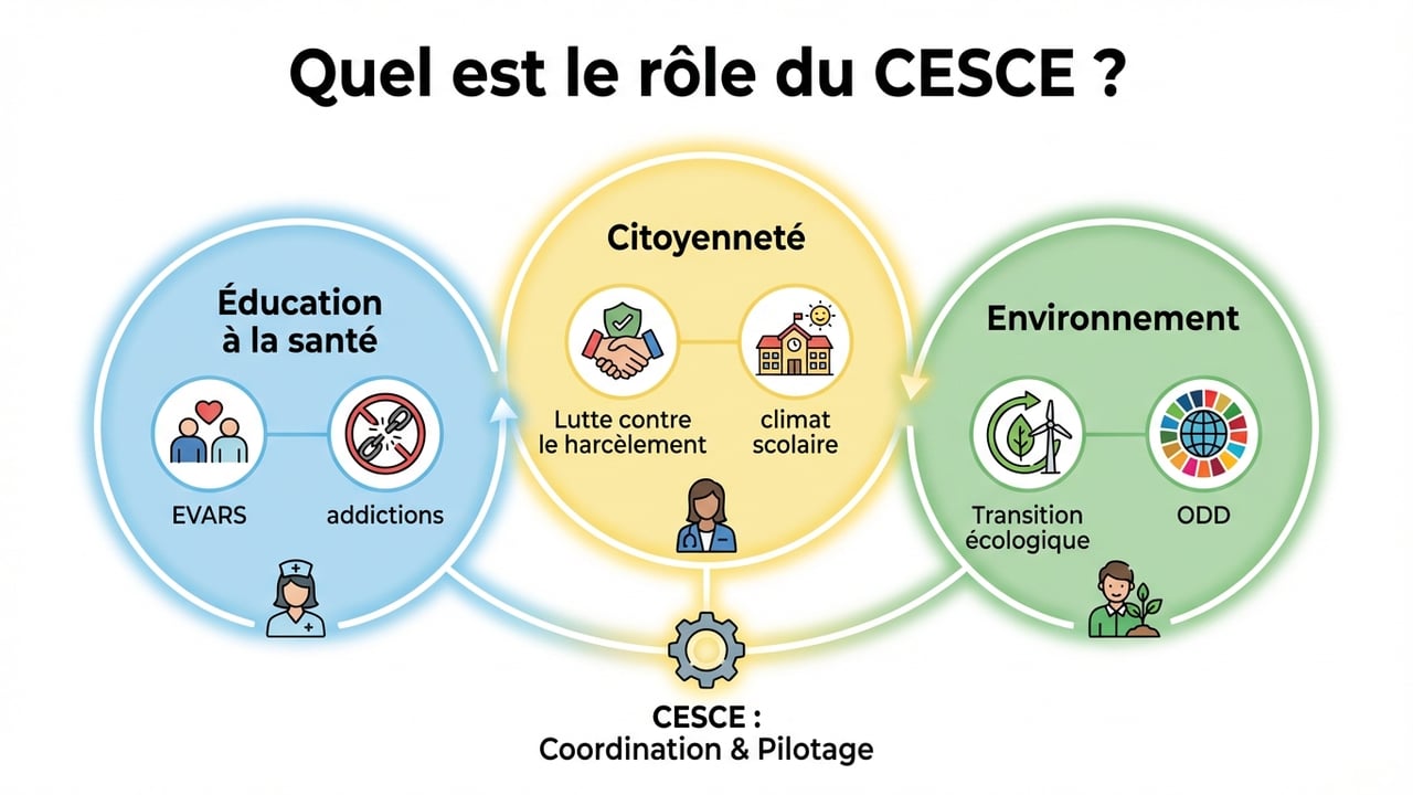 Schéma illustrant les trois domaines d'intervention du CESCE : Santé (EVARS), Citoyenneté (prévention violence) et Environnement (développement durable).
