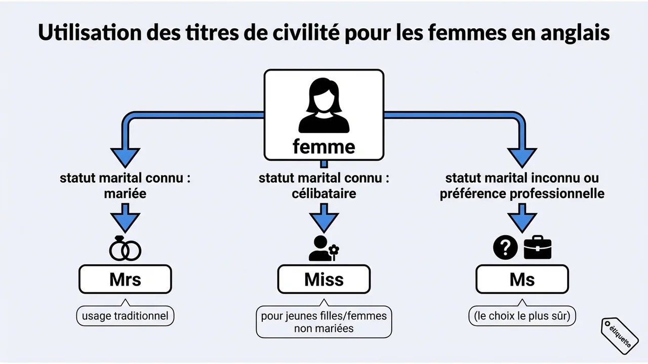 Logigramme d'aide à la décision pour choisir entre Mrs, Ms et Miss selon le statut marital et la préférence.