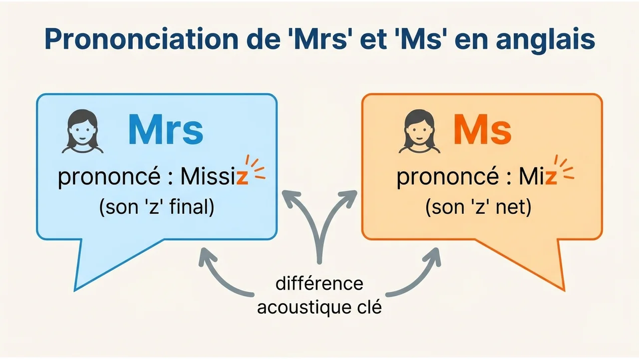 Schéma phonétique comparant la prononciation de Mrs (Missiz) et Ms (Miz) pour éviter les confusions orales.