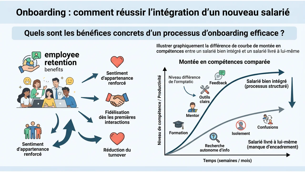 Infographie présentant des statistiques visuelles sur l'accélération de la productivité et la réduction du turnover grâce à l'intégration.