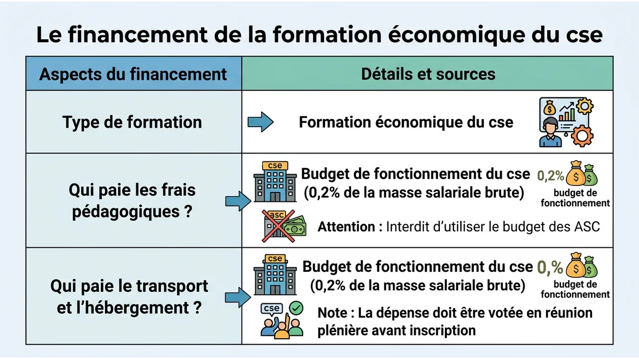 Tableau visuel opposant le financement par l'employeur pour la SSCT au financement par le budget de fonctionnement pour la formation économique.
