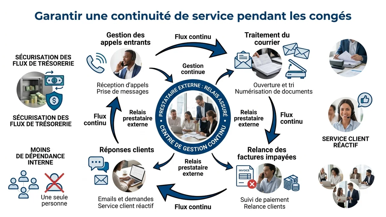 Schéma illustrant le flux ininterrompu des tâches administratives même en période d'absence de personnel interne.