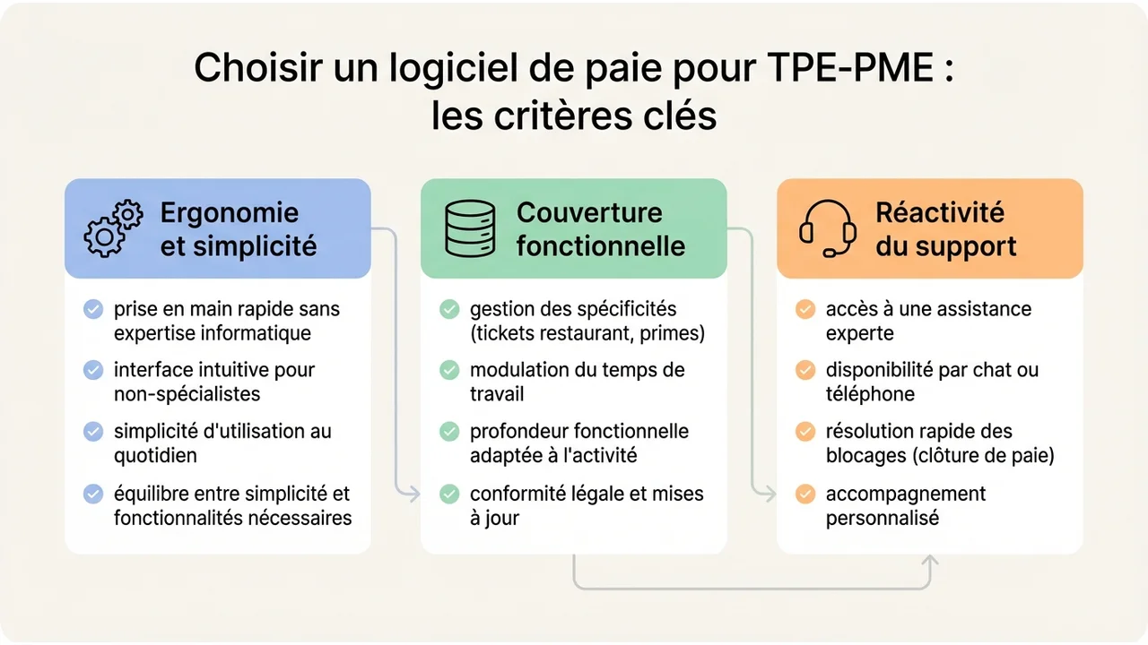 Liste visuelle des 3 critères clés : couverture fonctionnelle, qualité du support expert et portabilité des données historiques.