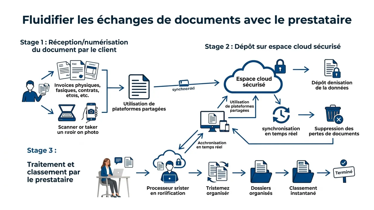 Diagramme de flux montrant le parcours d'un document du client vers le cloud puis vers le prestataire.