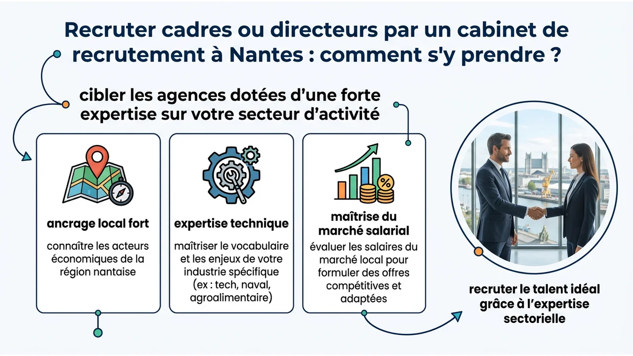 Infographie présentant les critères essentiels : connaissance du tissu nantais, jargon technique sectoriel et compréhension des enjeux de marché.