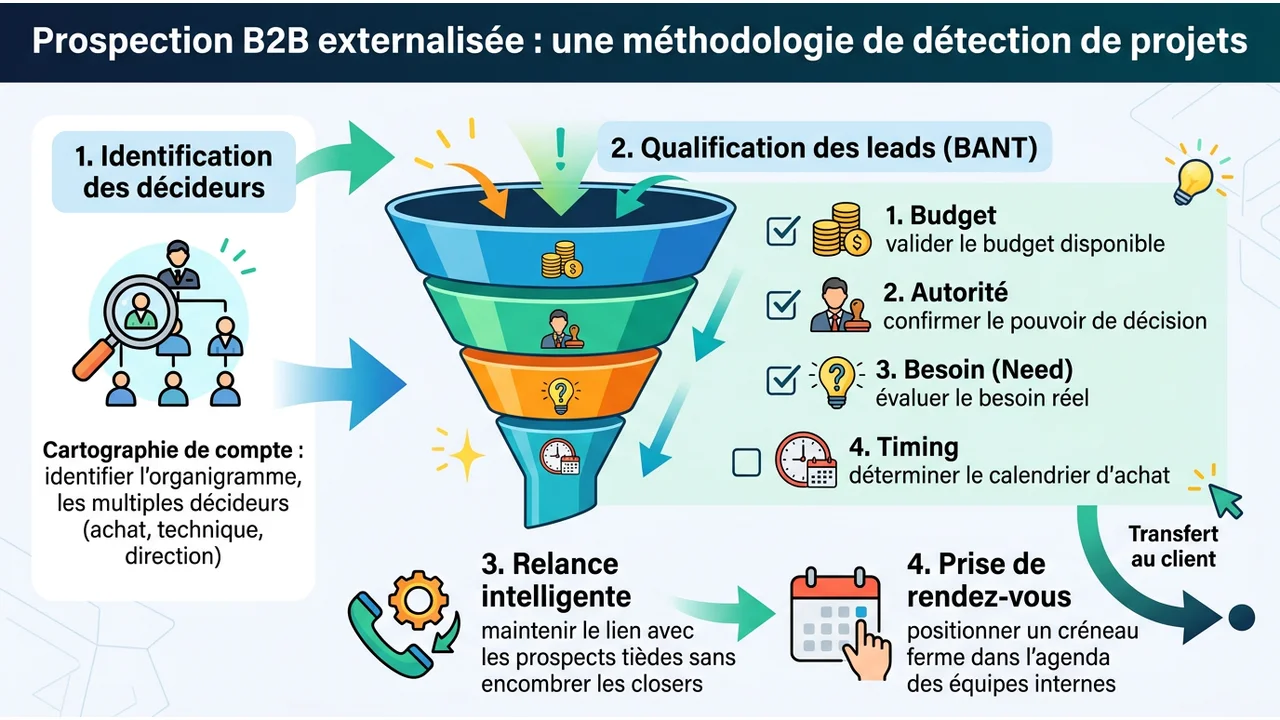 Infographie illustrant le parcours de qualification d'un lead, de la cartographie de compte à la validation du budget, de l'autorité, du besoin et du timing.