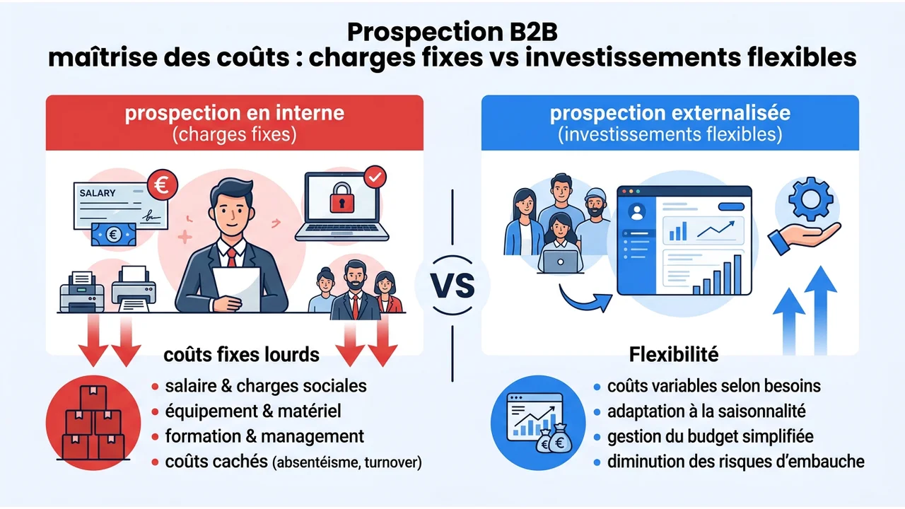Graphique comparatif opposant les charges fixes lourdes d'un recrutement interne aux coûts variables et agiles d'une agence de prospection.