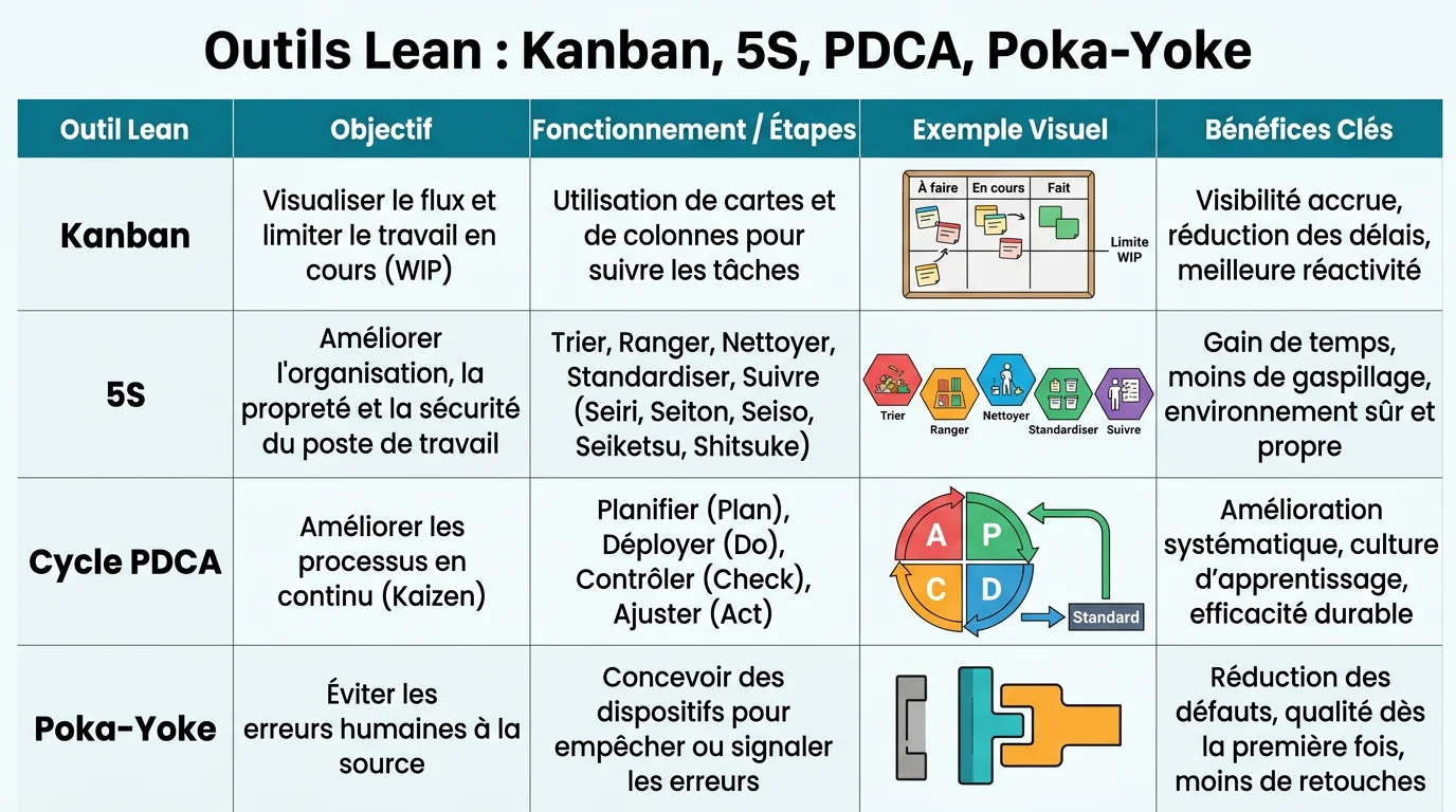 Outils Lean : Kanban, 5S, PDCA, Poka-Yoke