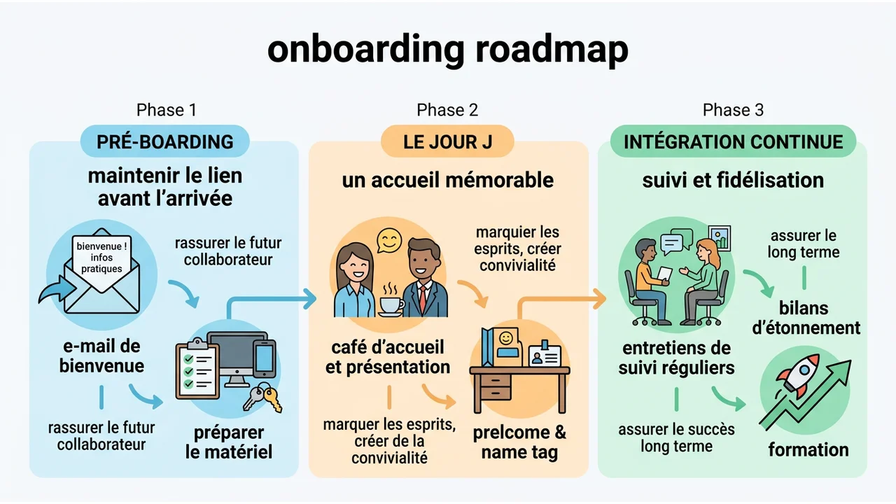 Frise chronologique divisée en trois segments : le pré-boarding (avant l'arrivée), la semaine d'immersion (accueil), et le suivi à 30/60/90 jours.