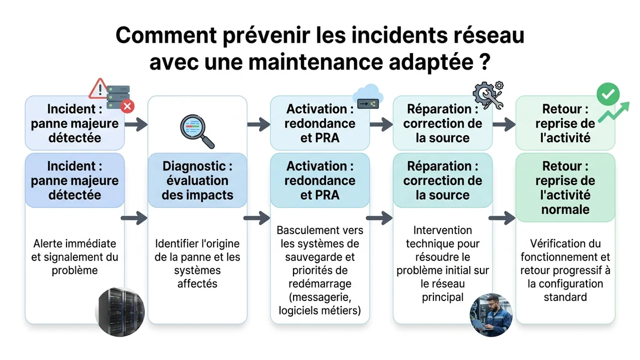 Logigramme des étapes du PRA : détection de l'incident, évaluation, activation des backups et restauration du service.
