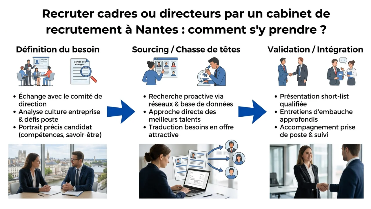 Schéma des 3 étapes clés du recrutement : définition du profil, stratégie d'approche directe et évaluation finale des compétences.