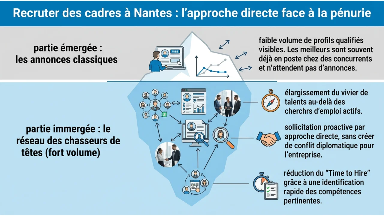 Diagramme en forme d'iceberg montrant les candidats actifs en surface et la majorité des talents passifs sous l'eau, accessibles uniquement par approche directe.