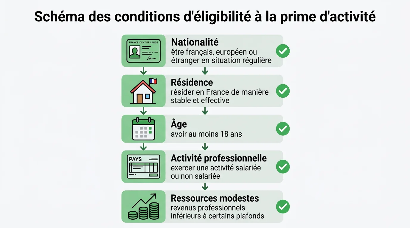 Schéma des conditions d'éligibilité à la prime d'activité