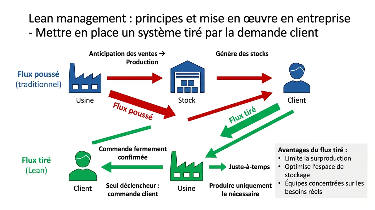 Diagramme comparatif montrant la différence entre la production traditionnelle sur stock et la production Lean sur commande.