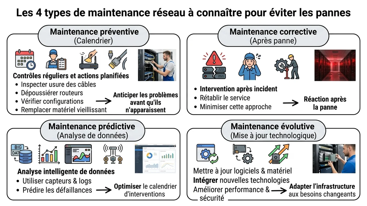 Tableau comparatif des maintenances préventive, corrective, prédictive et évolutive selon le déclencheur et l'objectif.