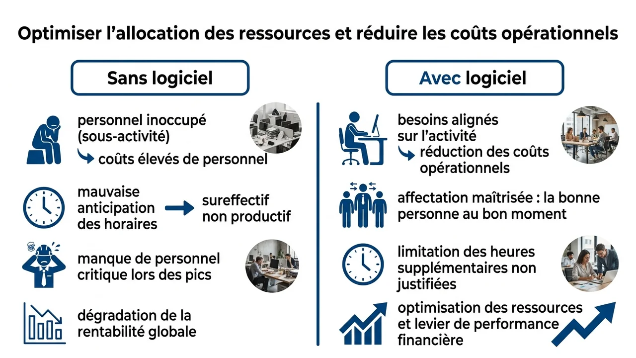 Tableau comparatif montrant une situation de sureffectif/sous-effectif versus une allocation optimisée des ressources avec un logiciel.
