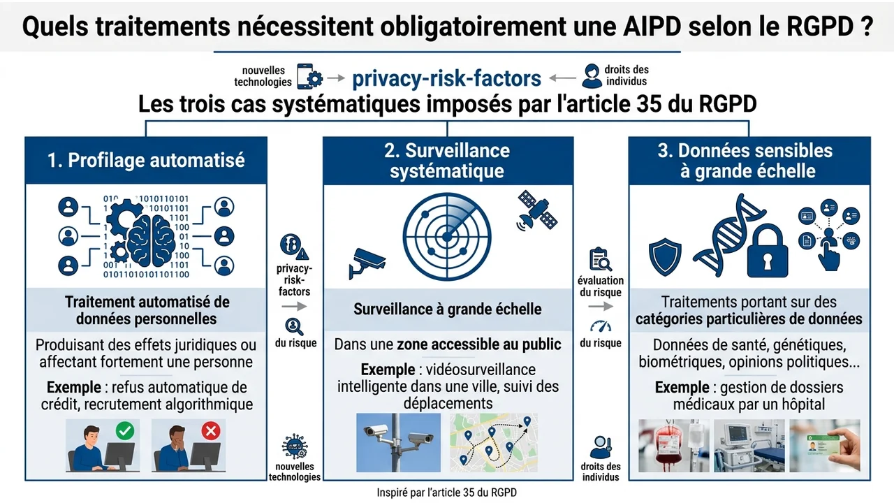 Infographie présentant les trois situations majeures : profilage automatisé, données sensibles massives et surveillance à grande échelle.