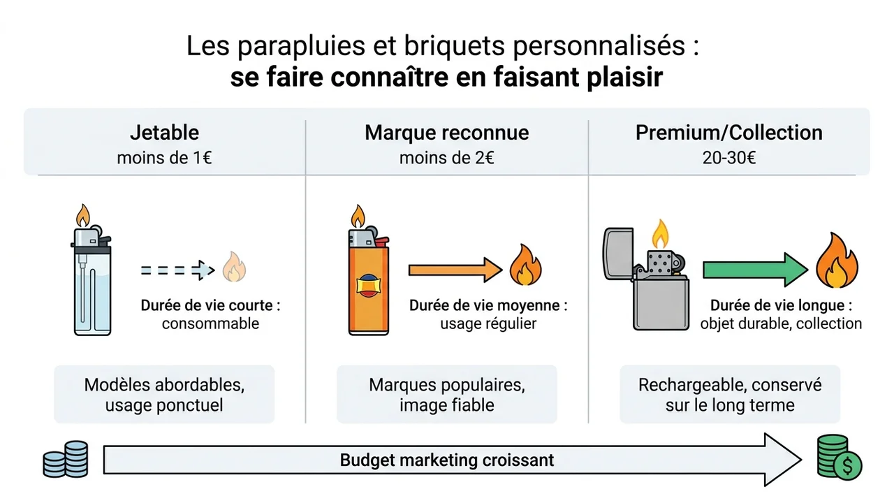 Tableau comparatif présentant les briquets jetables économiques, les modèles de marque et les briquets électroniques ou de collection selon leur prix et leur durabilité.