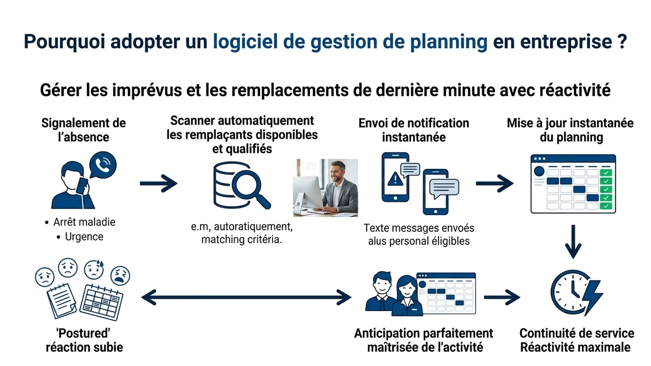 Schéma décisionnel montrant les étapes de remplacement d'un salarié absent en quelques secondes via le logiciel.