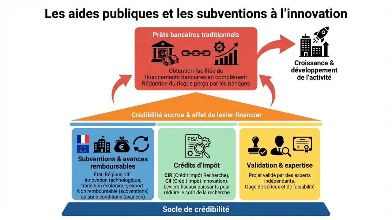 Schéma présentant la complémentarité des aides publiques : subventions régionales, prêts Bpifrance et crédits d'impôt recherche (CIR/CII).