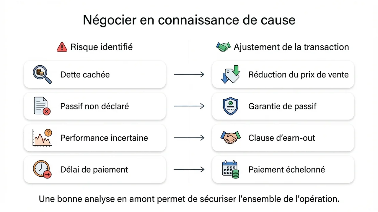 Tableau comparatif montrant comment les risques détectés influencent le prix, les modalités de paiement et les garanties d'actif-passif.