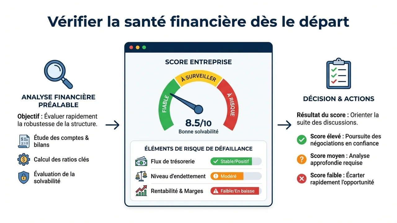 Infographie présentant le score d'entreprise et les indicateurs de santé financière comme outils de filtrage des cibles.