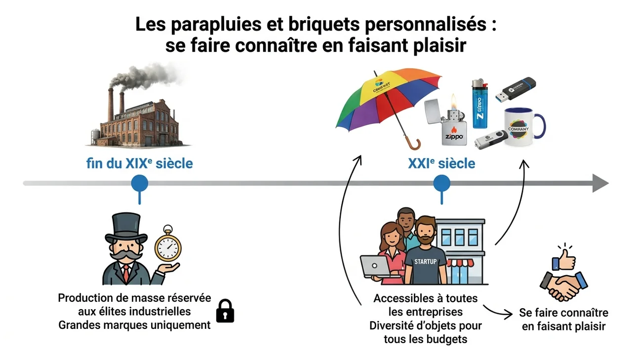 Une frise chronologique illustrant la démocratisation des objets publicitaires, passant des grandes marques historiques à une accessibilité totale pour les entreprises modernes.