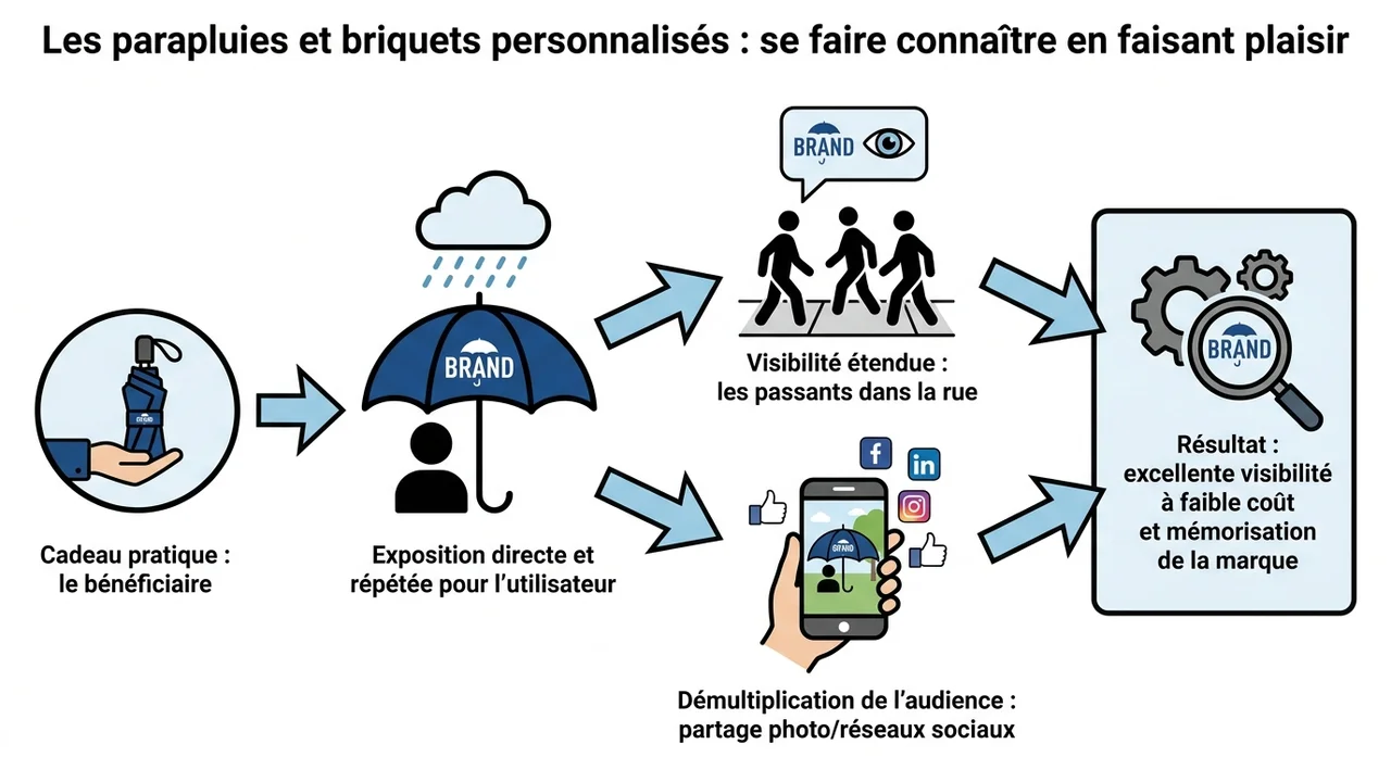 Schéma montrant comment un parapluie personnalisé diffuse une marque auprès du porteur, des passants dans la rue et sur les réseaux sociaux.