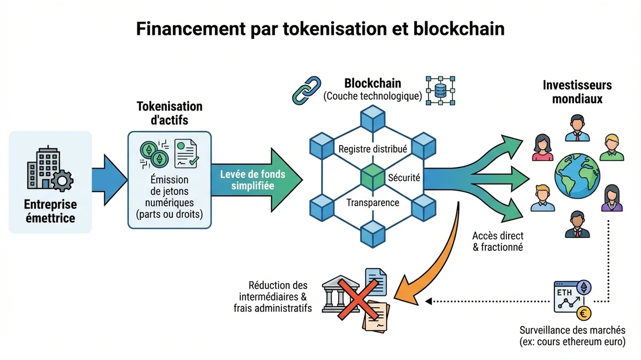 Schéma logique montrant les étapes de la tokenisation : fractionnement de l'actif, émission de jetons sur la blockchain, investissement en ETH/Euro et réception du capital.