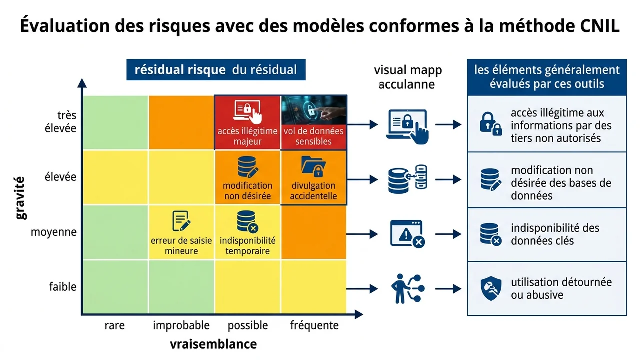 Graphique à deux axes représentant la gravité du préjudice et la vraisemblance de l'incident pour hiérarchiser les menaces.