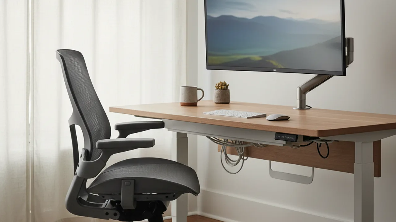Poste de travail ergonomique : chaise, bureau réglable et éclairage naturel
