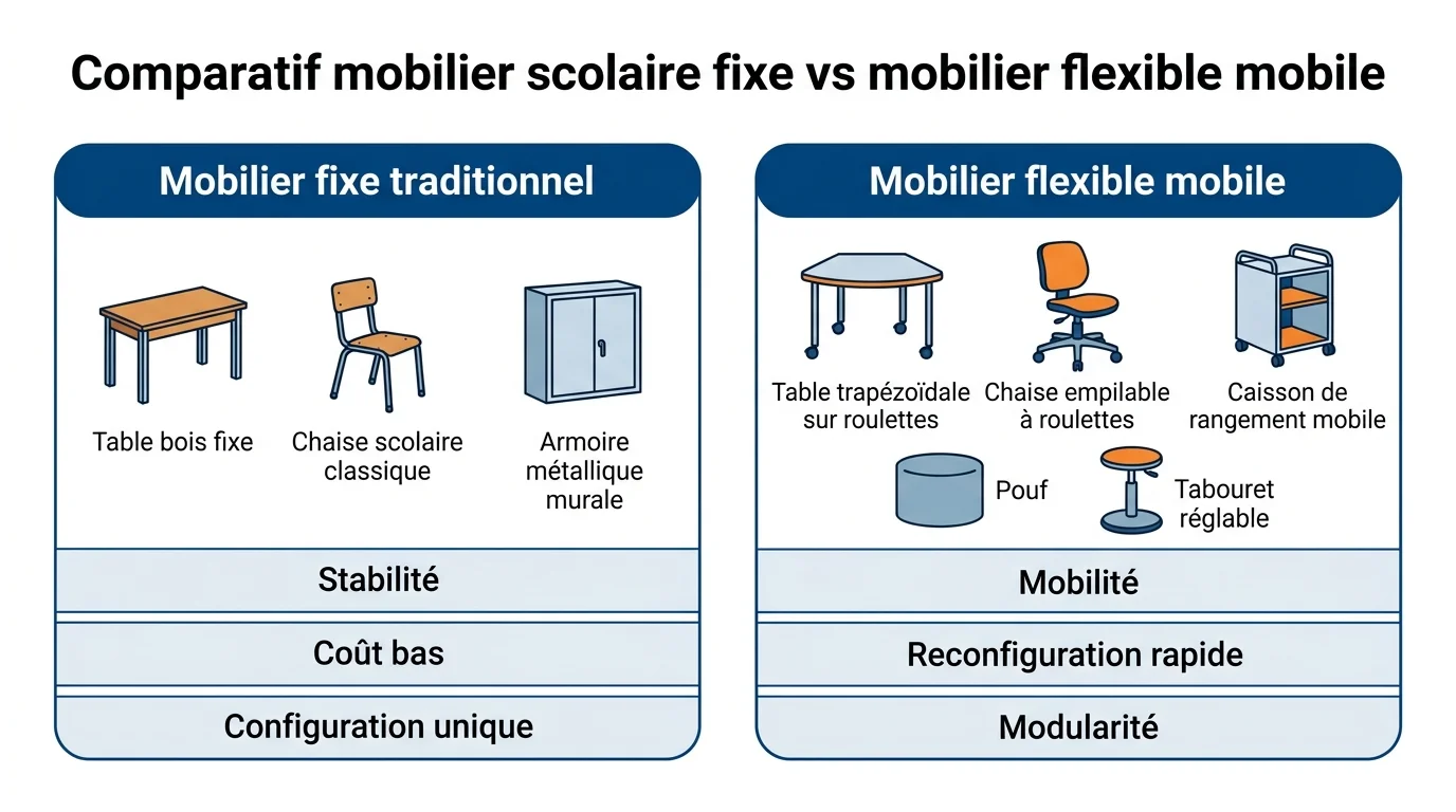 Comparatif mobilier scolaire fixe vs mobilier flexible mobile