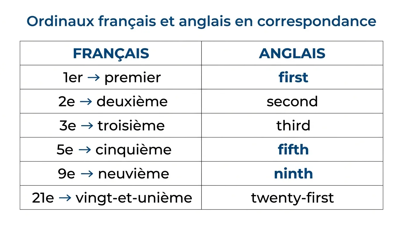 Ordinaux français et anglais en correspondance