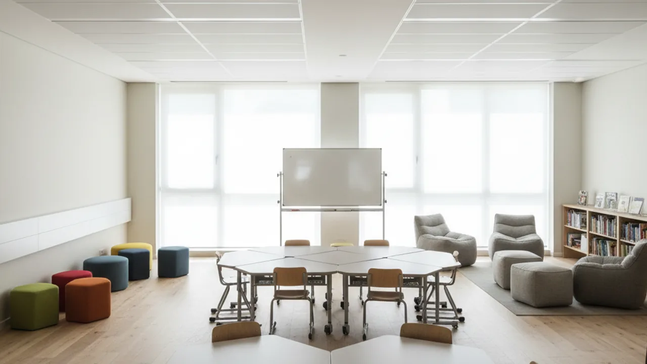 Salle de classe flexible aménagée par zones pédagogiques