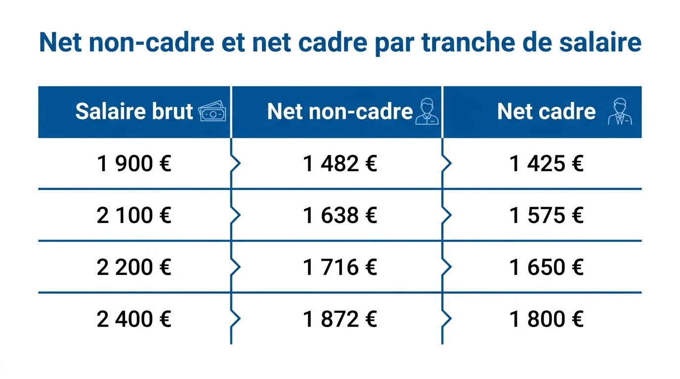 Net non-cadre et net cadre par tranche de salaire