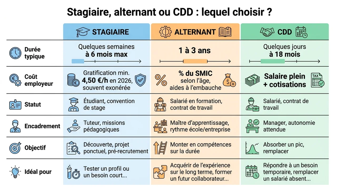 Tableau comparatif visuel montrant les différences entre un stagiaire, un alternant et un CDD selon 6 critères : durée, coût, statut, encadrement, objectif et contexte idéal
