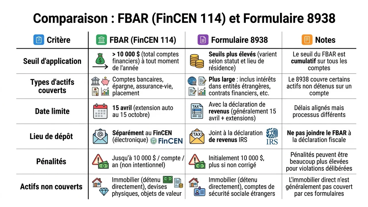 Tableau comparatif des deux obligations déclaratives FBAR et formulaire 8938, montrant les seuils, les actifs couverts, les délais de dépôt et les pénalités applicables
