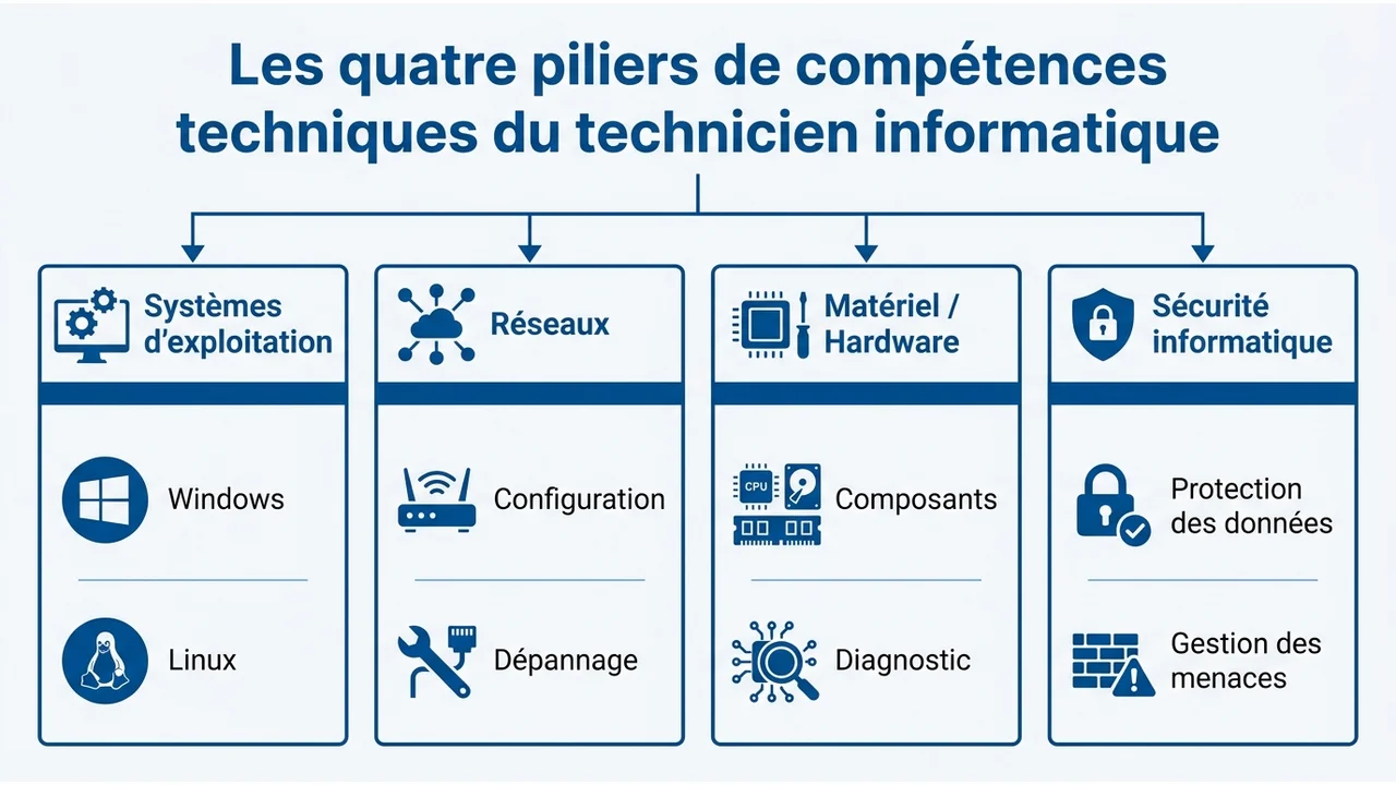 Les quatre piliers de competences techniques du technicien informatique
