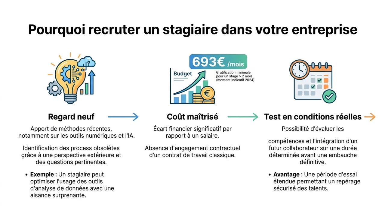 Infographie présentant les trois avantages majeurs : regard neuf sur les processus, coût maîtrisé avec chiffre 4,50€/h, et période d'essai réelle