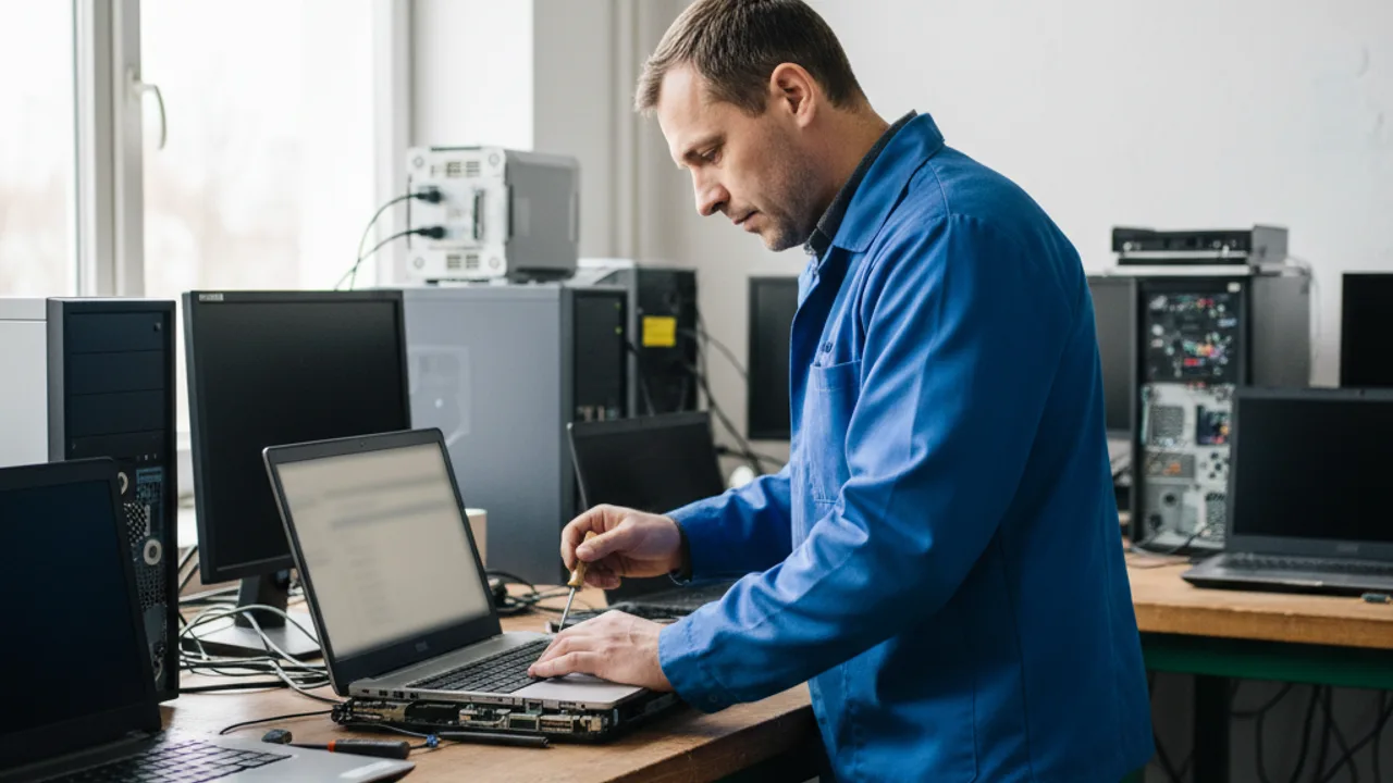 Un technicien en depannage informatique diagnostique un ordinateur a l'atelier