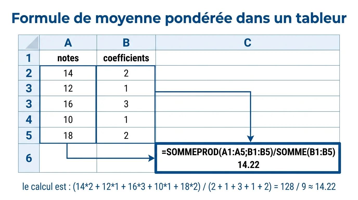 Formule de moyenne pondérée dans un tableur