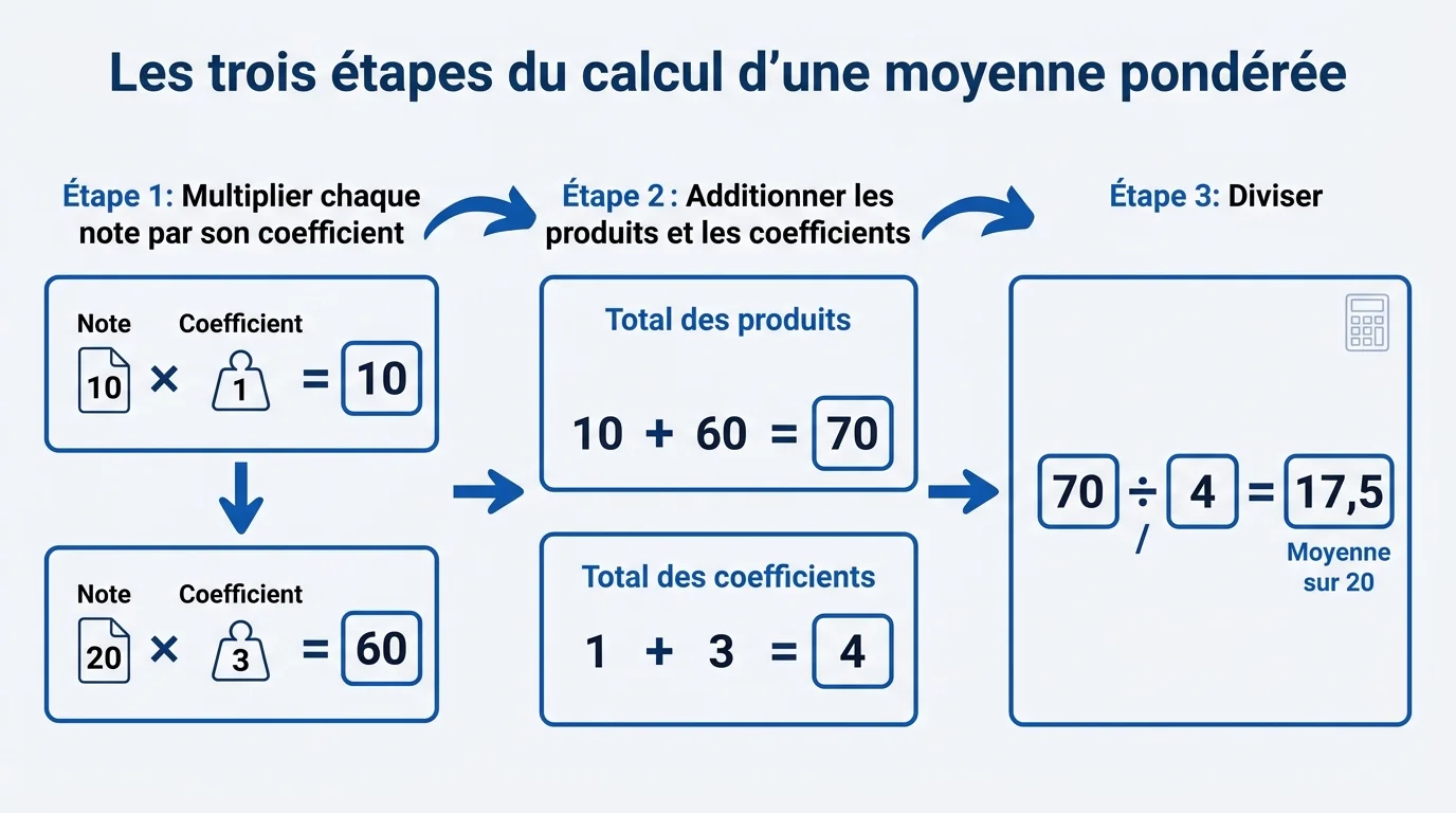 Les trois étapes du calcul d'une moyenne pondérée
