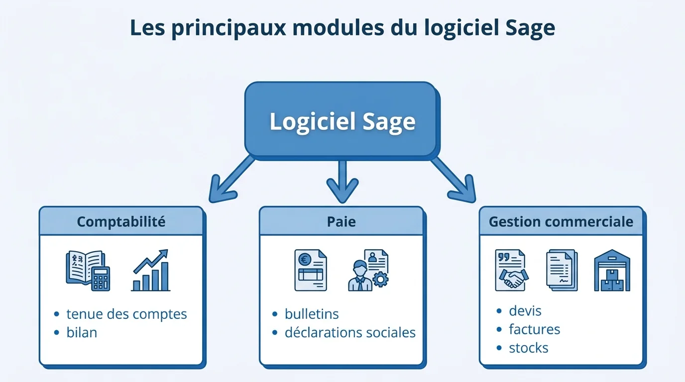 Les principaux modules du logiciel Sage : comptabilite, paie et gestion commerciale